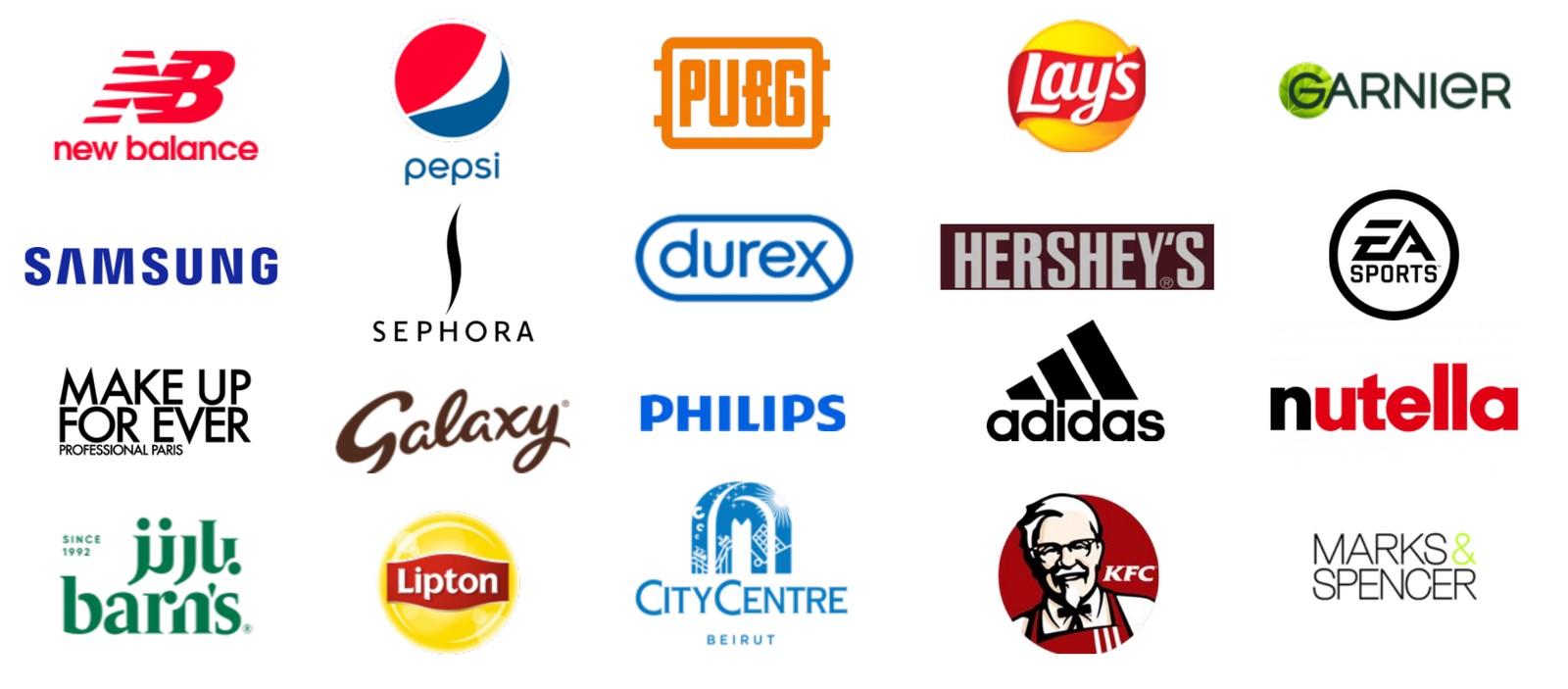 Brand logos: New Balance, Pepsi, PUBG, Lay's, Garnier, Samsung, Sephora, Durex, Hershey's, EA Sports, Make Up For Ever, Galaxy, Philips, Adidas, Nutella, Barn's, Lipton, City Centre Beirut, KFC, Marks & Spencer